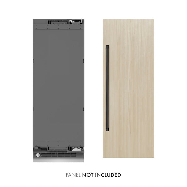 ZLINE Autograph Edition 30 in. 16.7 cu. ft. Panel Ready Column Refrigerator with Graphite Gray Interior and Matte Black Accents (RBCRVZ-30-MB) front, closed, next to custom panel. Text: Panel not included.