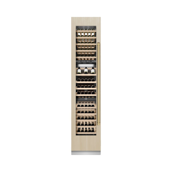 ZLINE Autograph Edition 18 in. 9.0 cu. ft. Triple Zone 68 Bottle Panel Ready Left Hinge Column Wine Cooler with Champagne Bronze Accents (RBCWVLZ-18-CB) front, closed, with custom panel.
