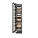 ZLINE Autograph Edition 18 in. 9.0 cu. ft. Triple Zone 68 Bottle Panel Ready Left Hinge Column Wine Cooler with Champagne Bronze Accents (RBCWVLZ-18-CB) front, open.