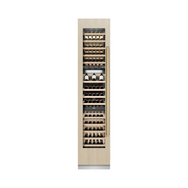 ZLINE Autograph Edition 18 in. 9.0 cu. ft. Triple Zone 68 Bottle Panel Ready Left Hinge Column Wine Cooler with Polished Gold Accents (RBCWVLZ-18-G) front, closed, with custom panel.