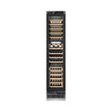 ZLINE Autograph Edition 18 in. 9.0 cu. ft. Triple Zone 68 Bottle Panel Ready Left Hinge Column Wine Cooler with Polished Gold Accents (RBCWVLZ-18-G) front, closed, with wine on racks.