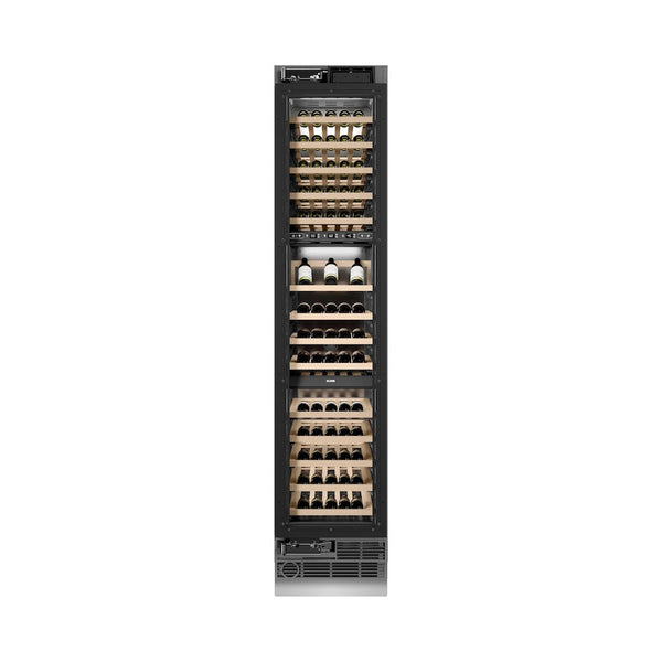 ZLINE Autograph Edition 18 in. 9.0 cu. ft. Triple Zone 68 Bottle Panel Ready Left Hinge Column Wine Cooler with Polished Gold Accents (RBCWVLZ-18-G) front, closed, with wine on racks.