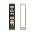 ZLINE Autograph Edition 18 in. 9.0 cu. ft. Triple Zone 68 Bottle Panel Ready Left Hinge Column Wine Cooler with Polished Gold Accents (RBCWVLZ-18-G) front, closed, next to custom panel with handle attached.