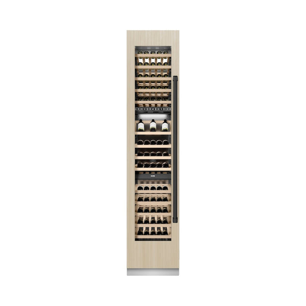 ZLINE Autograph Edition 18 in. 9.0 cu. ft. Triple Zone 68 Bottle Panel Ready Left Hinge Column Wine Cooler with Matte Black Accents (RBCWVLZ-18-MB) front, closed, with custom panel.
