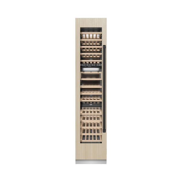 ZLINE Autograph Edition 18 in. 9.0 cu. ft. Triple Zone 68 Bottle Panel Ready Left Hinge Column Wine Cooler with Matte Black Accents (RBCWVLZ-18-MB) front, closed, with custom panel.