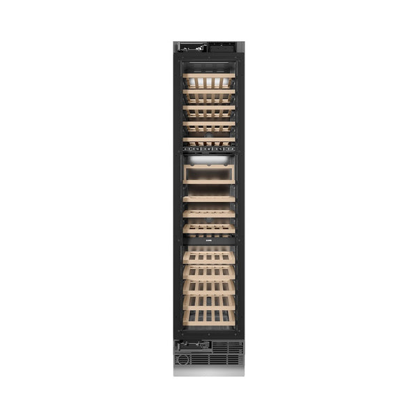 ZLINE Autograph Edition 18 in. 9.0 cu. ft. Triple Zone 68 Bottle Panel Ready Left Hinge Column Wine Cooler with Matte Black Accents (RBCWVLZ-18-MB) front, closed.