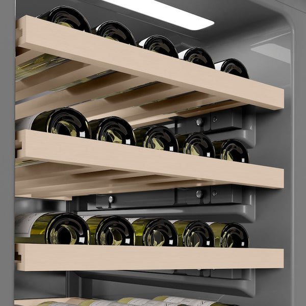 ZLINE Autograph Edition 18 in. 9.0 cu. ft. Triple Zone 68 Bottle Panel Ready Right Hinge Column Wine Cooler with Champagne Bronze Accents (RBCWVRZ-18-CB) close-up detail, gray interior.