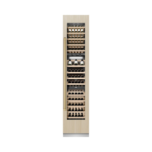 ZLINE Autograph Edition 18 in. 9.0 cu. ft. Triple Zone 68 Bottle Panel Ready Right Hinge Column Wine Cooler with Champagne Bronze Accents (RBCWVRZ-18-CB) front, closed, with custom panel.