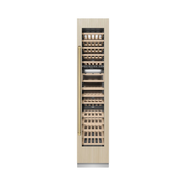 ZLINE Autograph Edition 18 in. 9.0 cu. ft. Triple Zone 68 Bottle Panel Ready Right Hinge Column Wine Cooler with Champagne Bronze Accents (RBCWVRZ-18-CB) front, closed, with custom panel.