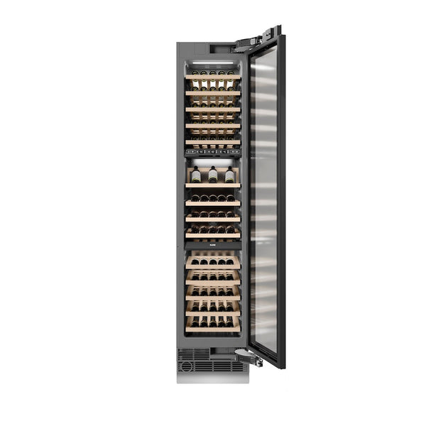 ZLINE Autograph Edition 18 in. 9.0 cu. ft. Triple Zone 68 Bottle Panel Ready Right Hinge Column Wine Cooler with Champagne Bronze Accents (RBCWVRZ-18-CB) front, open, with wine on racks.