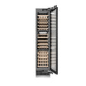ZLINE Autograph Edition 18 in. 9.0 cu. ft. Triple Zone 68 Bottle Panel Ready Right Hinge Column Wine Cooler with Champagne Bronze Accents (RBCWVRZ-18-CB) front, open.
