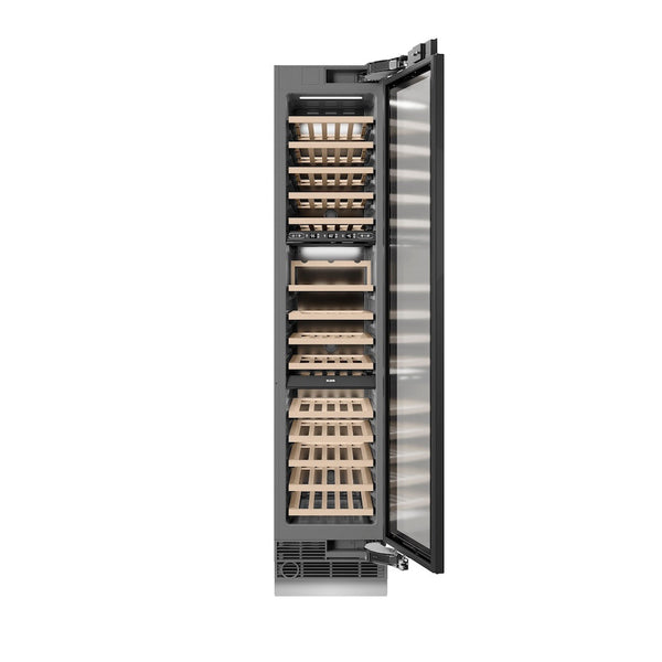 ZLINE Autograph Edition 18 in. 9.0 cu. ft. Triple Zone 68 Bottle Panel Ready Right Hinge Column Wine Cooler with Champagne Bronze Accents (RBCWVRZ-18-CB) front, open.