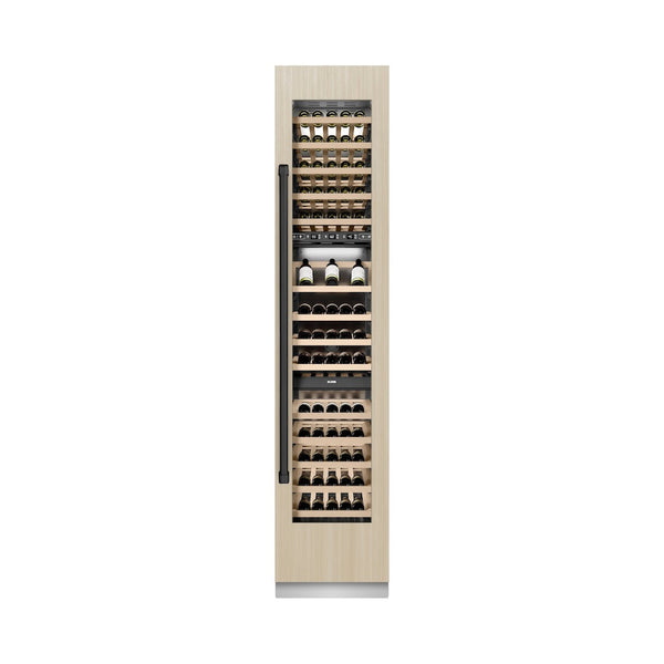 ZLINE Autograph Edition 18 in. 9.0 cu. ft. Triple Zone 68 Bottle Panel Ready Right Hinge Column Wine Cooler with Matte Black Accents (RBCWVRZ-18-MB) front, closed, with custom panel.