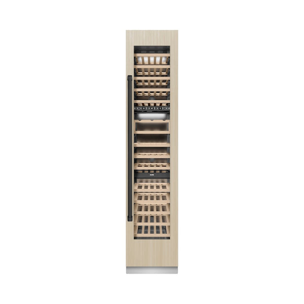 ZLINE Autograph Edition 18 in. 9.0 cu. ft. Triple Zone 68 Bottle Panel Ready Right Hinge Column Wine Cooler with Matte Black Accents (RBCWVRZ-18-MB) front, closed, with custom panel.