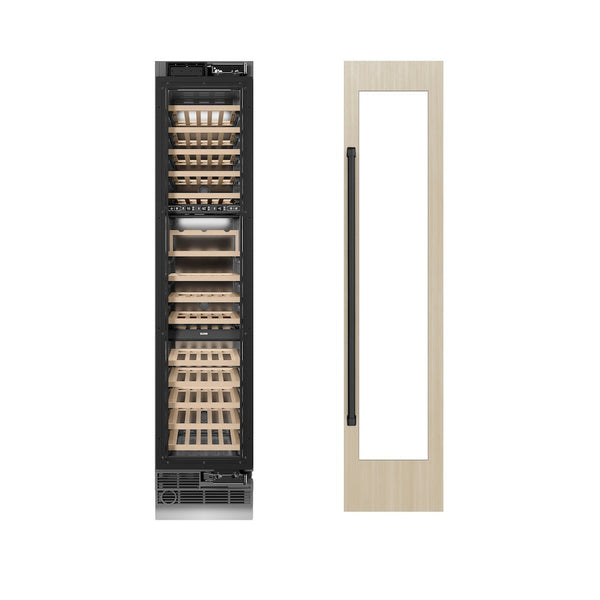 ZLINE Autograph Edition 18 in. 9.0 cu. ft. Triple Zone 68 Bottle Panel Ready Right Hinge Column Wine Cooler with Matte Black Accents (RBCWVRZ-18-MB) front, closed, next to custom panel with handle attached.