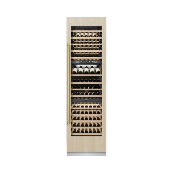ZLINE Autograph Edition 24 in. 12.4 cu. ft. Triple Zone 100 Bottle Panel Ready Column Wine Cooler with Champagne Bronze Accents (RBCWVZ-24-CB) front, closed, with custom panel.