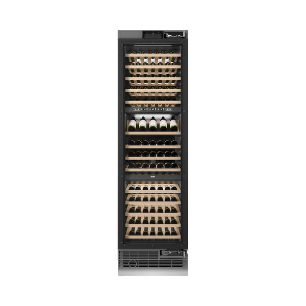 ZLINE Autograph Edition 24 in. 12.4 cu. ft. Triple Zone 100 Bottle Panel Ready Column Wine Cooler with Champagne Bronze Accents (RBCWVZ-24-CB) front, closed, with wine on racks.