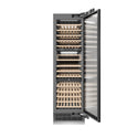 ZLINE Autograph Edition 24 in. 12.4 cu. ft. Triple Zone 100 Bottle Panel Ready Column Wine Cooler with Champagne Bronze Accents (RBCWVZ-24-CB) front, open.