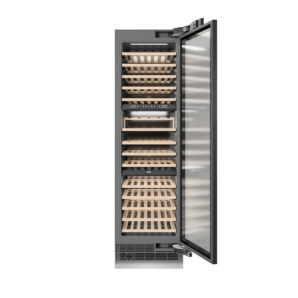 ZLINE Autograph Edition 24 in. 12.4 cu. ft. Triple Zone 100 Bottle Panel Ready Column Wine Cooler with Champagne Bronze Accents (RBCWVZ-24-CB) front, open.