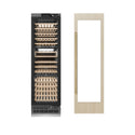 ZLINE Autograph Edition 24 in. 12.4 cu. ft. Triple Zone 100 Bottle Panel Ready Column Wine Cooler with Champagne Bronze Accents (RBCWVZ-24-CB) front, closed, next to custom panel with handle attached.
