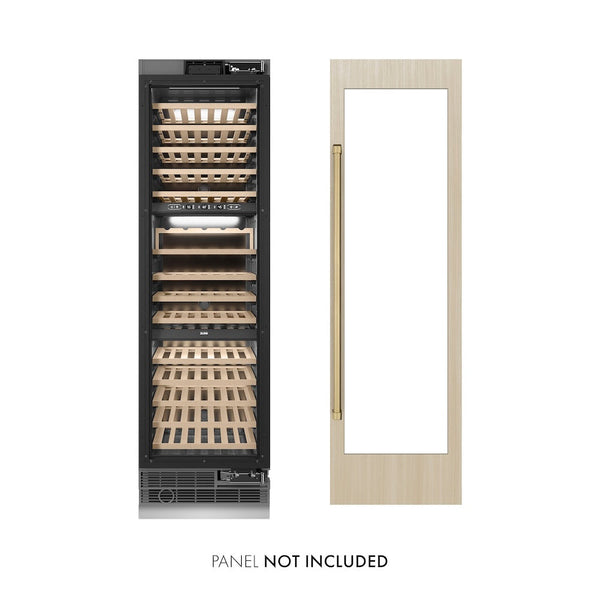 ZLINE Autograph Edition 24 in. 12.4 cu. ft. Triple Zone 100 Bottle Panel Ready Column Wine Cooler with Champagne Bronze Accents (RBCWVZ-24-CB) front, closed, next to custom panel. Text: Panel not included.