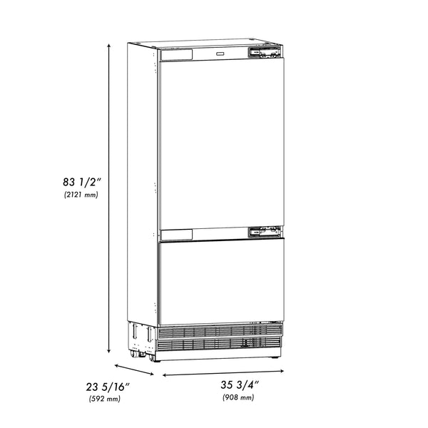 ZLINE Autograph Edition 36 in. 19.8 cu. ft. Panel Ready Built-In Bottom Freezer Refrigerator with Water Dispenser and Ice Maker with Graphite Gray Interior and Polished Gold Accents (GRBITZ-36-G)