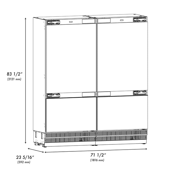 ZLINE Autograph Edition 72 in. 39.6 cu. ft. Panel Ready French Door Built-In Bottom Freezer Refrigerator with Water Dispensers and Ice Makers with Graphite Gray Interior and Champagne Bronze Accents (GRBITZ-72-CB)