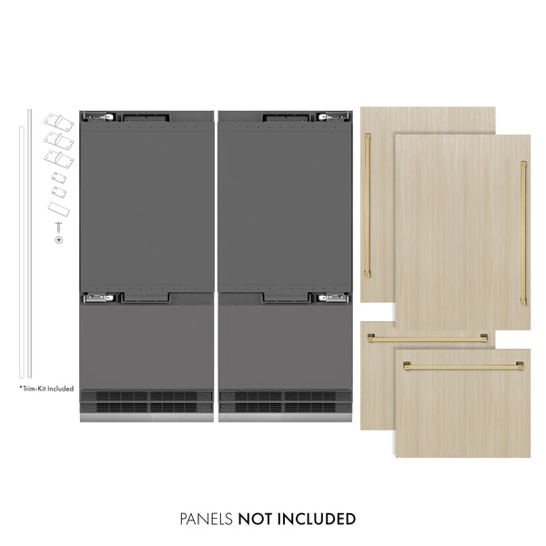 ZLINE Autograph Edition 72 in. 39.6 cu. ft. Panel Ready French Door Built-In Bottom Freezer Refrigerator with Water Dispensers and Ice Makers with Graphite Gray Interior and Polished Gold Accents (GRBITZ-72-G)