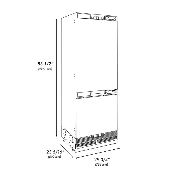 ZLINE 30 in. 16.1 cu. ft. Panel Ready Built-In Bottom Freezer Refrigerator with Water Dispenser and Ice Maker with Graphite Gray Interior (GRBIV-30)