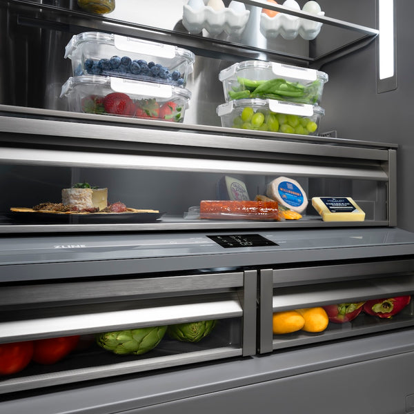 ZLINE 36 in. 19.6 cu. ft. Panel Ready French Door Built-In Bottom Freezer Refrigerator with Water Dispenser and Ice Maker with Graphite Gray Interior, Open Box-Great Condition