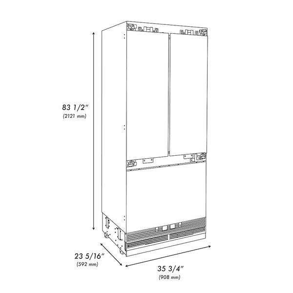 ZLINE 36 in. 19.6 cu. ft. Panel Ready French Door Built-In Bottom Freezer Refrigerator with Water Dispenser and Ice Maker with Graphite Gray Interior, Open Box-Great Condition