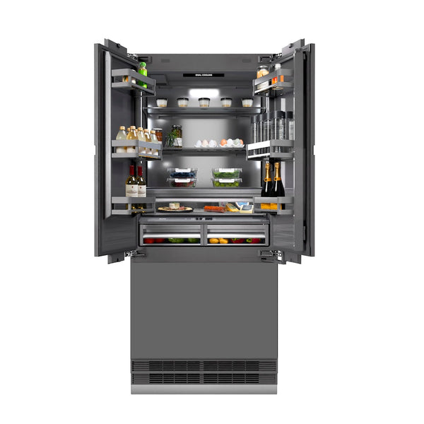 ZLINE 36 in. 19.6 cu. ft. Panel Ready French Door Built-In Bottom Freezer Refrigerator with Water Dispenser and Ice Maker with Graphite Gray Interior, Open Box-Great Condition