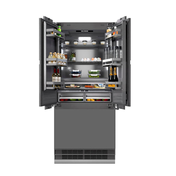 ZLINE 36 in. 19.6 cu. ft. Panel Ready French Door Built-In Bottom Freezer Refrigerator with Water Dispenser and Ice Maker with Graphite Gray Interior, Open Box-Good Condition
