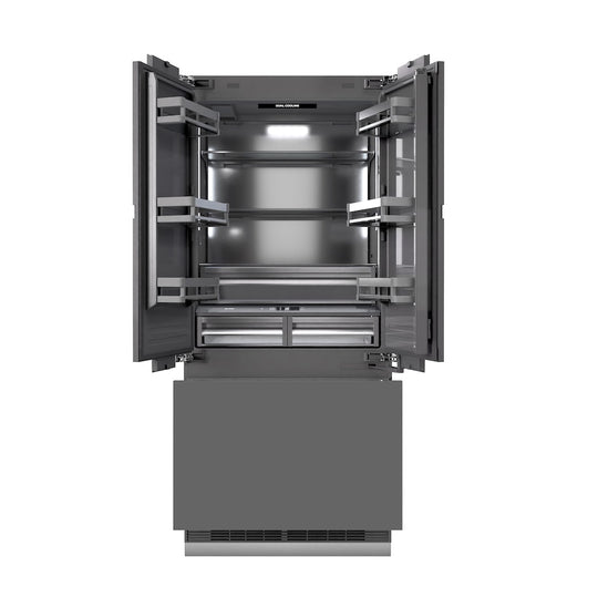 ZLINE 36 in. 19.6 cu. ft. Panel Ready French Door Built-In Bottom Freezer Refrigerator with Water Dispenser and Ice Maker with Graphite Gray Interior, Open Box-Great Condition