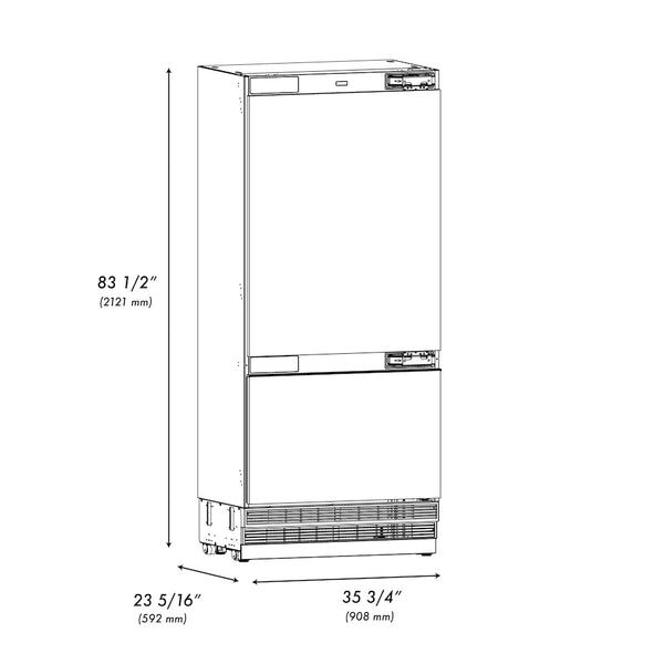 ZLINE 36 in. 19.8 cu. ft. Panel Ready Built-In Bottom Freezer Refrigerator with Water Dispenser and Ice Maker, Open Box-Great Condition