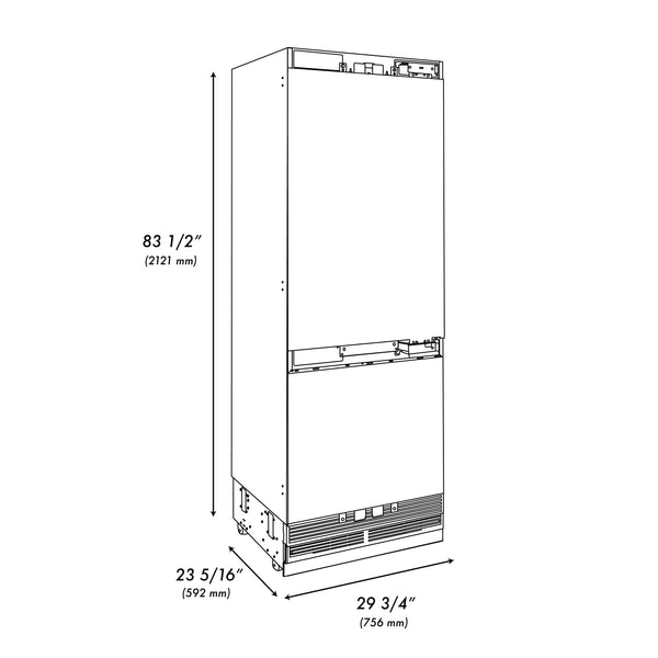 ZLINE 30 in. 16.1 cu. ft. Panel Ready Built-In Bottom Freezer Refrigerator with Water Dispenser and Ice Maker, Open Box-Great Condition