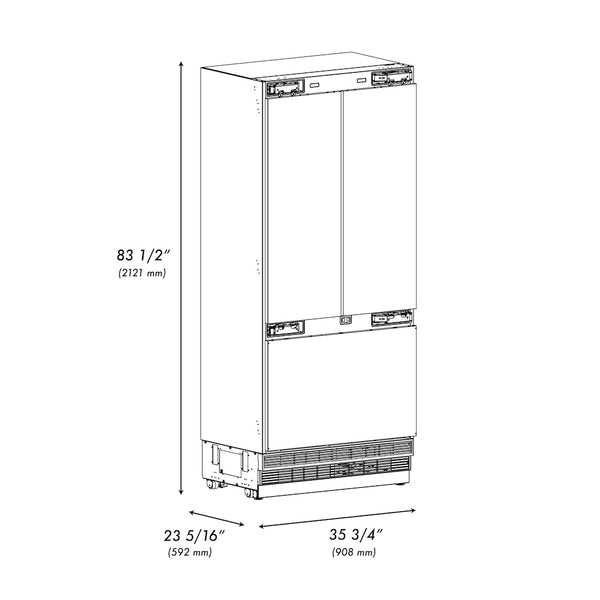 ZLINE 36 in. 19.6 cu. ft. Panel Ready French Door Built-In Bottom Freezer Refrigerator with Water Dispenser and Ice Maker with Stainless Steel Interior, Open Box-Great Condition