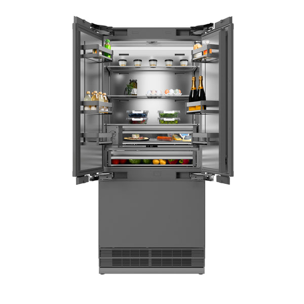 ZLINE 36 in. 19.6 cu. ft. Panel Ready French Door Built-In Bottom Freezer Refrigerator with Water Dispenser and Ice Maker with Stainless Steel Interior, Open Box-Great Condition