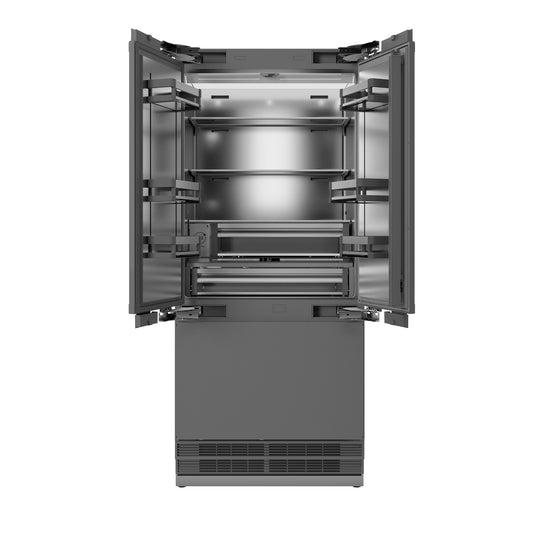 ZLINE 36 in. 19.6 cu. ft. Panel Ready French Door Built-In Bottom Freezer Refrigerator with Water Dispenser and Ice Maker with Stainless Steel Interior, Open Box-Great Condition