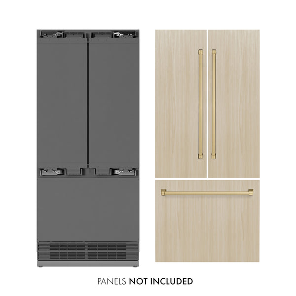 ZLINE Autograph Edition 36 in. 19.6 cu. ft. Panel Ready French Door Built-In Bottom Freezer Refrigerator with Water Dispenser and Ice Maker with Stainless Steel Interior and Champagne Bronze Accents (SRBIVZ-36-CB)