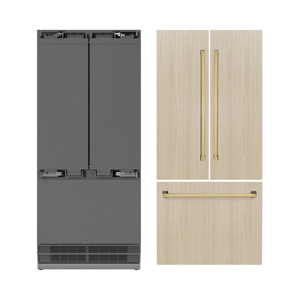 ZLINE Autograph Edition 36 in. 19.6 cu. ft. Panel Ready French Door Built-In Bottom Freezer Refrigerator with Water Dispenser and Ice Maker with Stainless Steel Interior and Polished Gold Accents (SRBIVZ-36-G)