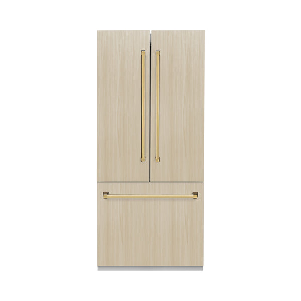 ZLINE Autograph Edition 36 in. 19.6 cu. ft. Panel Ready French Door Built-In Bottom Freezer Refrigerator with Water Dispenser and Ice Maker with Stainless Steel Interior and Polished Gold Accents (SRBIVZ-36-G)