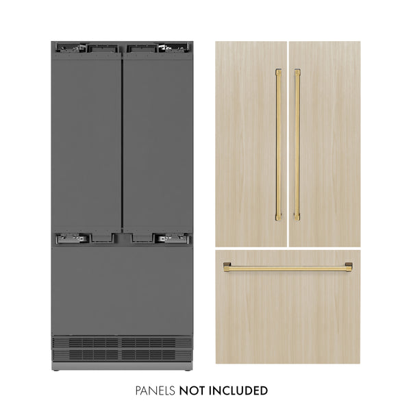 ZLINE Autograph Edition 36 in. 19.6 cu. ft. Panel Ready French Door Built-In Bottom Freezer Refrigerator with Water Dispenser and Ice Maker with Stainless Steel Interior and Polished Gold Accents (SRBIVZ-36-G)