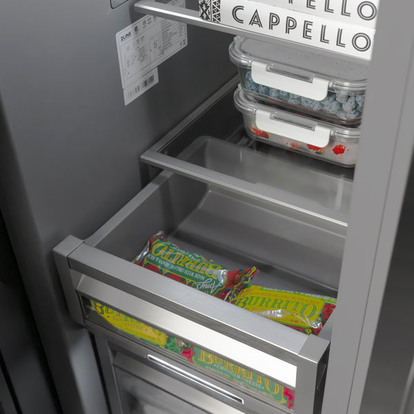 ZLINE Autograph Edition 18 in. 8.6 cu. ft. Left Hinge Column Freezer in Satin Stainless Steel with Graphite Gray Interior and Champagne Bronze Accents (RCFVLZ-SN-18-CB)