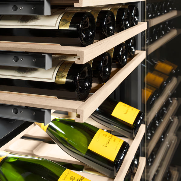 ZLINE Autograph Edition 18 in. 9.0 cu. ft. Triple Zone 68 Bottle Left Hinge Column Wine Cooler in Satin Stainless Steel with Polished Gold Accents (RCWVLZ-SN-18-G)