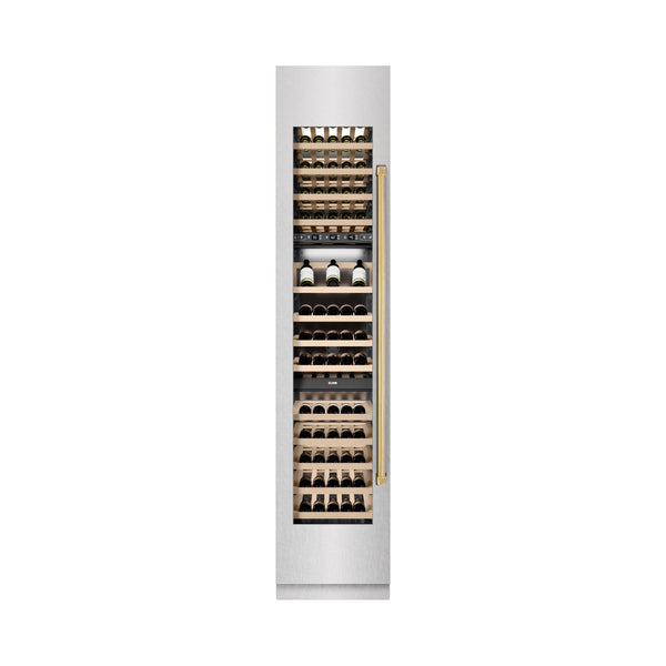 ZLINE Autograph Edition 18 in. 9.0 cu. ft. Triple Zone 68 Bottle Left Hinge Column Wine Cooler in Satin Stainless Steel with Polished Gold Accents (RCWVLZ-SN-18-G)
