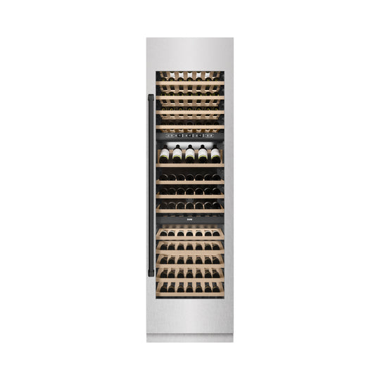 ZLINE Autograph Edition 24 in. 12.4 cu. ft. Triple Zone 100 Bottle Column Wine Cooler in Satin Stainless Steel and Matte Black Accents (RCWVZ-SN-24-MB)