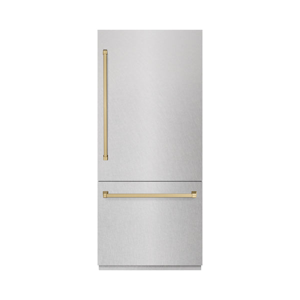 ZLINE Autograph Edition 36 in. 19.8 cu. ft. Built-In Bottom Freezer Refrigerator with Water Dispenser and Ice Maker in Satin Stainless Steel with Graphite Gray Interior and Champagne Bronze Accents (GRBITZ-SN-36-CB)