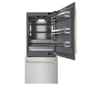 ZLINE Autograph Edition 36 in. 19.8 cu. ft. Built-In Bottom Freezer Refrigerator with Water Dispenser and Ice Maker in Satin Stainless Steel with Graphite Gray Interior and Champagne Bronze Accents (GRBITZ-SN-36-CB)