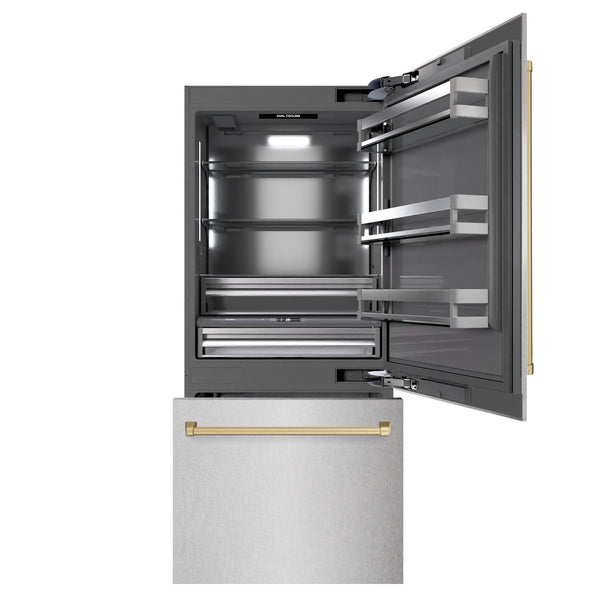 ZLINE Autograph Edition 36 in. 19.8 cu. ft. Built-In Bottom Freezer Refrigerator with Water Dispenser and Ice Maker in Satin Stainless Steel with Graphite Gray Interior and Champagne Bronze Accents (GRBITZ-SN-36-CB)